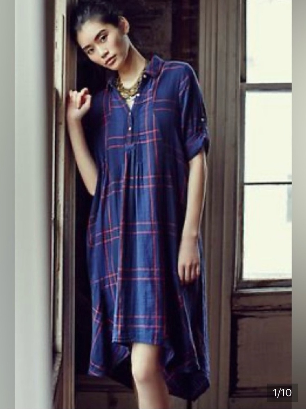 Isabella Sinclair Navy Plaid Midi Shirt Dress with Pink Windowpane Size Small